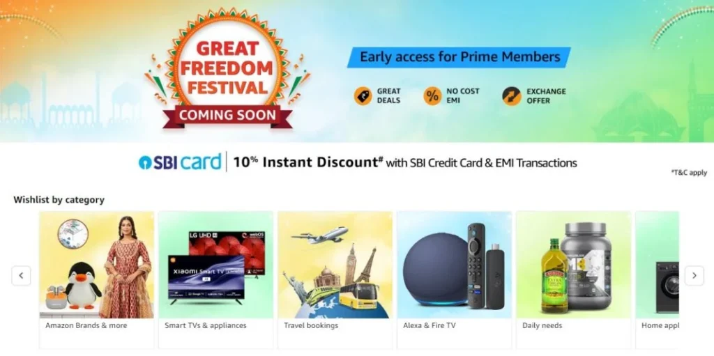 Amazon Great Freedom Festival Sale Announced, will be offering up to a 10% Instant Discount on Credit Cards: