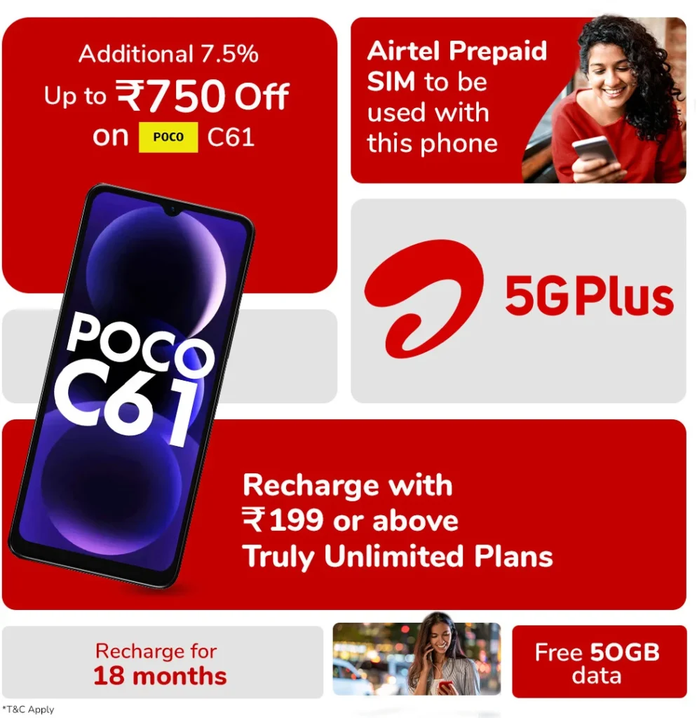 POCO C61 Airtel version announced with 50GB free data; Priced at Rs 5,999, with 18 months Lockin Period: